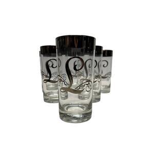 Vtg Mid Century Queens Lusterware L Monogram Silver Rim Highball Glasses x 6